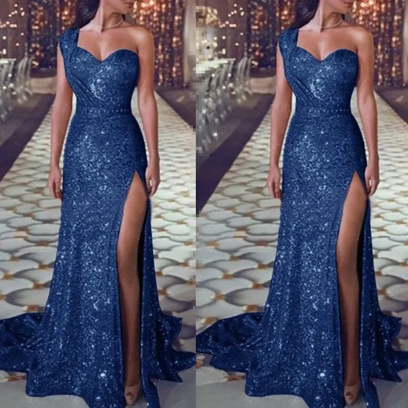 2025 Women's Wedding Party Dress Evening Elegant Sexy Deep V Neck One Shoulder Sleeveless Sequined Long Maxi Dresses For Women