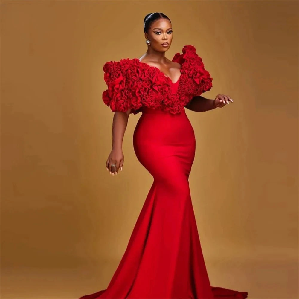 Fashion Red Prom Dress V-Neck Pleat Flower Mermaid Floor Length Sweep Train Formal Party Dresses Evening Gown Customized