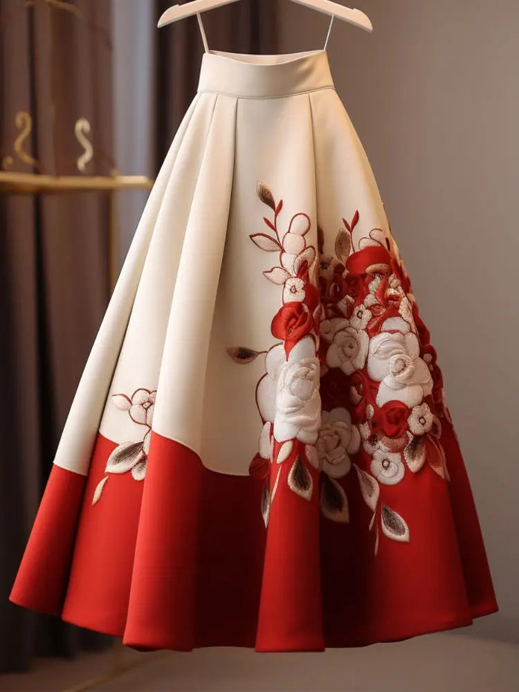 Vintage Red Flower Print Skirt for Women Y2k Slim Waist Mid-length Loose Faldas Mujer 2026 Spring New Skirt for Women