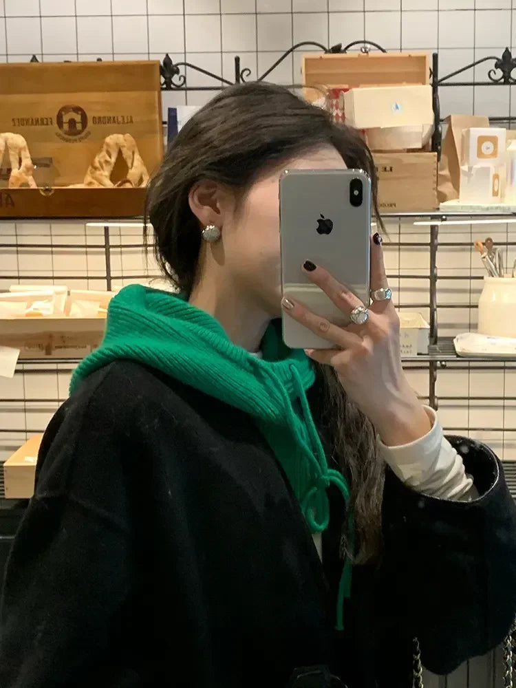 Knitted Hooded Caps Winter Balaclava Hats Women Korean Style Outdoor Warmer Drawstring Hats One-piece Neck Collar Beanies Cap