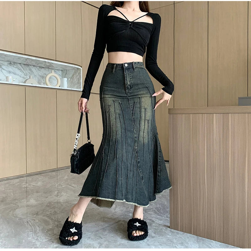 Vintage Ripped Women Mermaid Skirt 2026 New Fashion Y2K Streetwear Jeans Skirts Female Retro Casual Irregular Hip Skirts Denim
