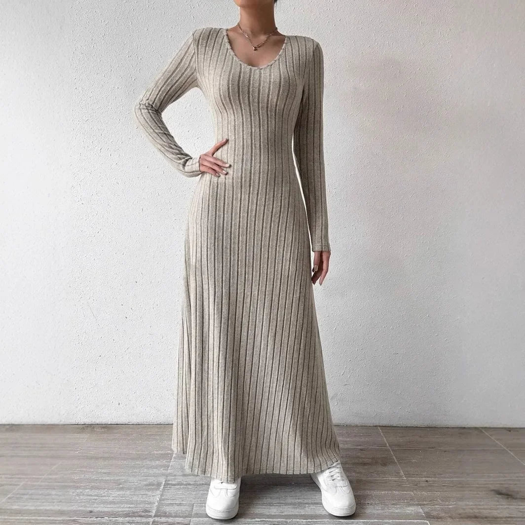 Fashionable Knitted Long Sleeve A- Line Streetwear Dress For Women Smooths And Slims Your Silhouette Solid Color Long Dress