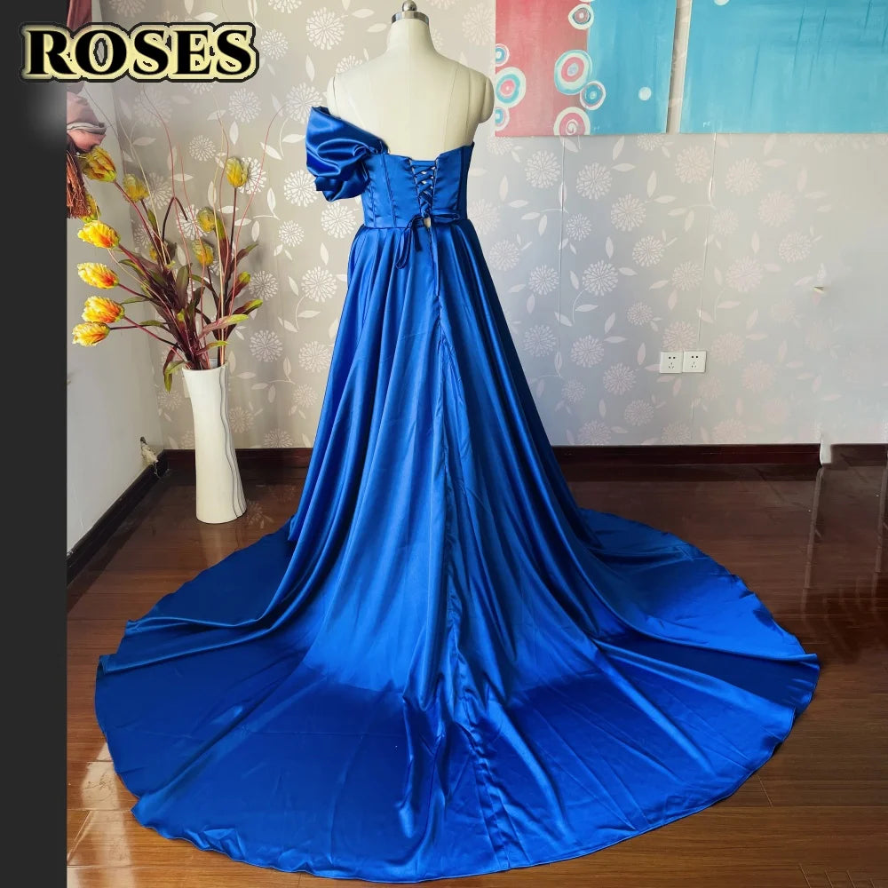 ROSES Red Side High Split Mermaid Evening Dresses One Shoulder Prom Dresses Sweetheart Stain Formal Occasion Dress Customized