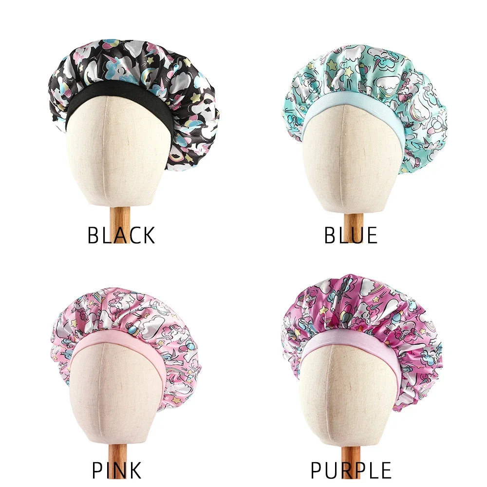 New Baby Unicorn Cartoon Print Satin Night Sleep Cap Elastic Wide Band Bonnet Hair Cover Hat Beanie Salon Bath Spa Shower Caps