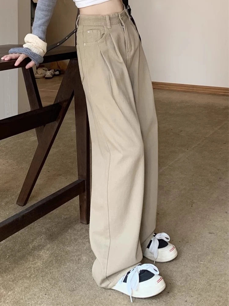 Woman High Waist Straight Leg Jeans Lady Loose Denim Wide Leg Pants Girls Korean Khaki Retro Blue Light Blue Gray White Trousers