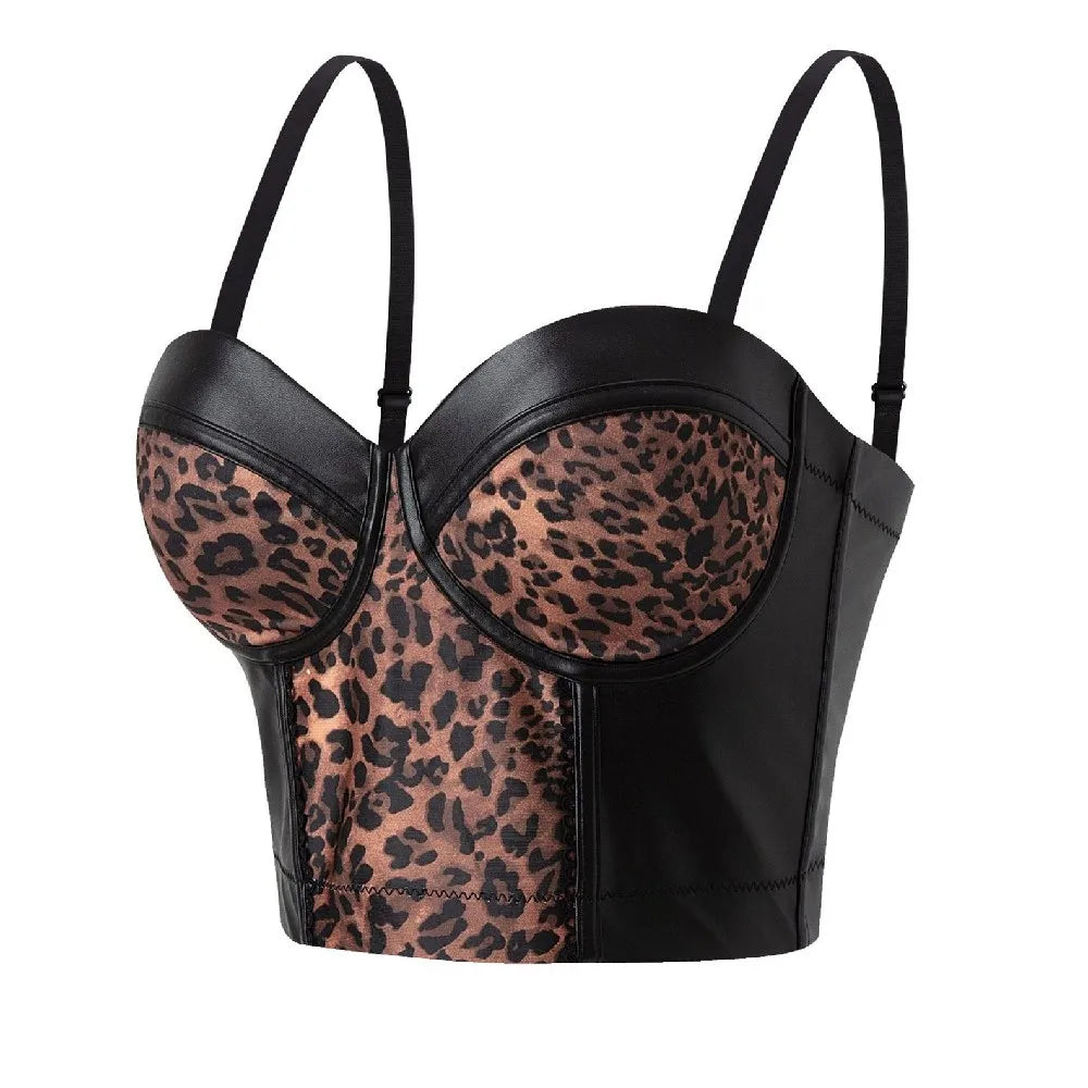 Stylish Wowen PU Leather Corset Imitation Leather Festival Clothing Bustier Lady Cropped Top Girls Punk Rock Club Party Camis