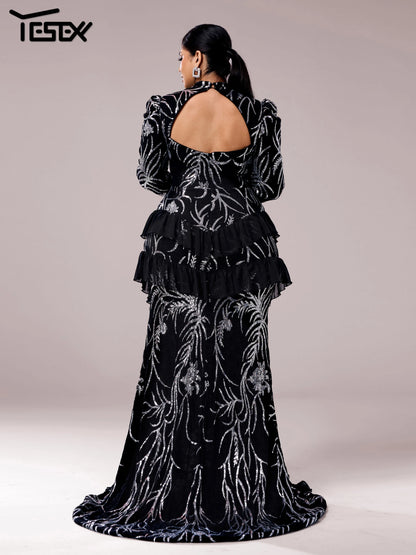 Yesexy Plus Size Elegant Beautiful Women Round Neck Long Sleeved Split Evening Gown Wedding Birthday Party Formal Occasion Dress