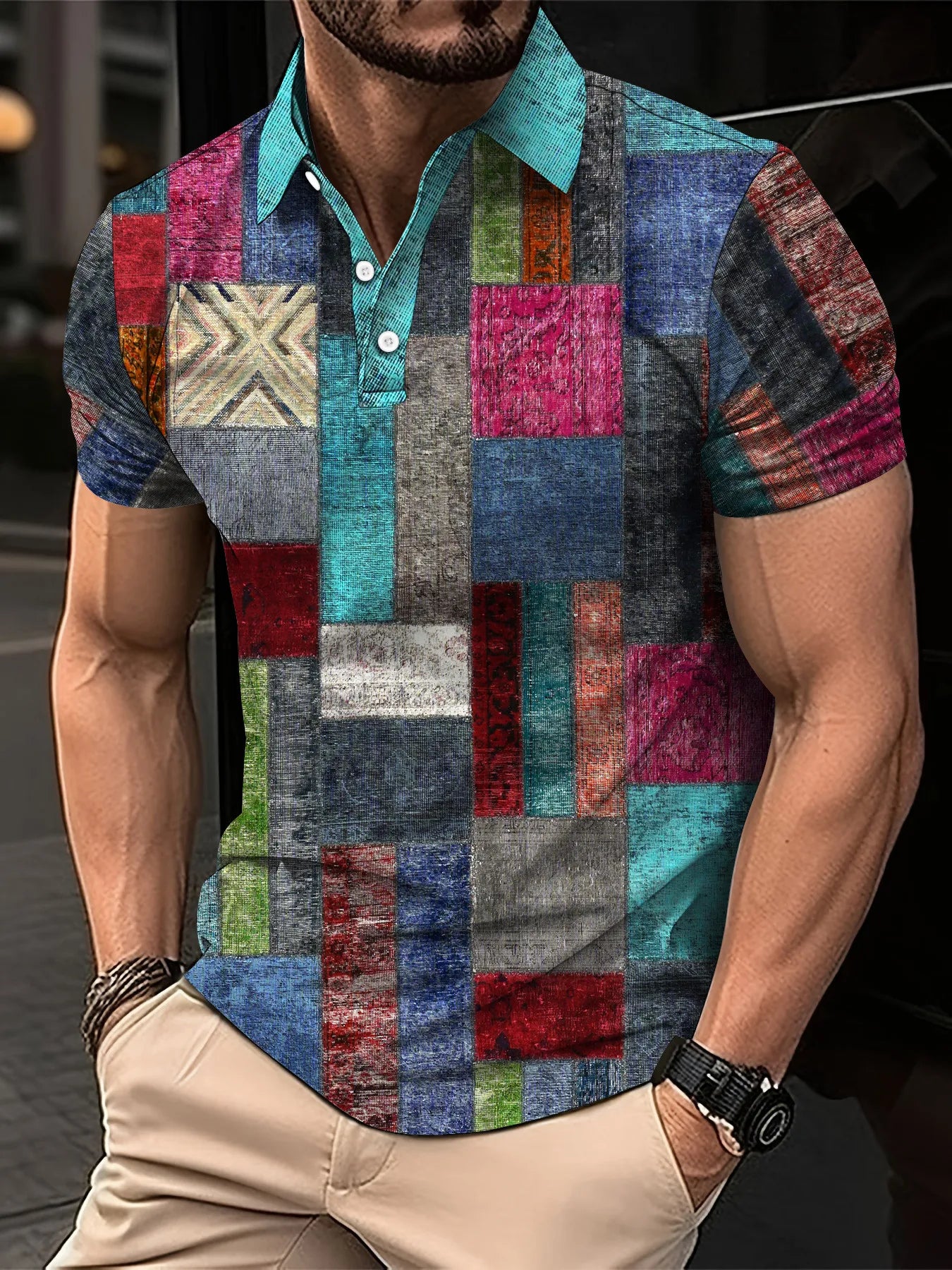 Fashion Elegant Harajuku Slim Fit Ropa Hombre Loose Casual All Match Lattice Men's POLO Shirt Printed Button Short Sleeve Tops