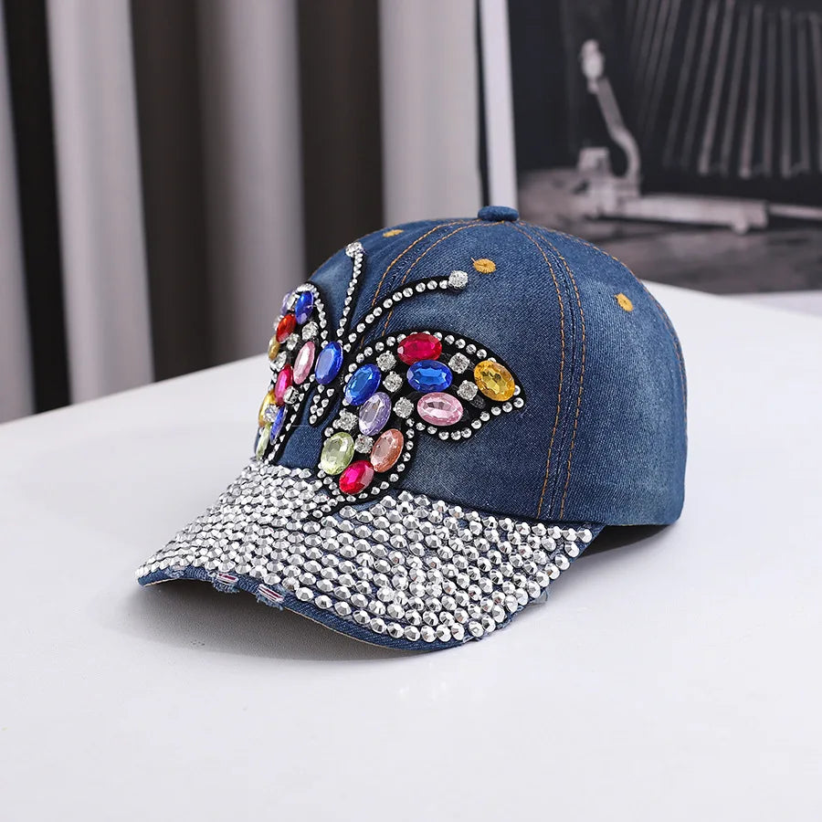 Fashionable And Versatile Outdoor Casual Baseball Cap With Colorful Diamond Inlay, Trendy Butterfly, Middle-Aged Duckbill Cap