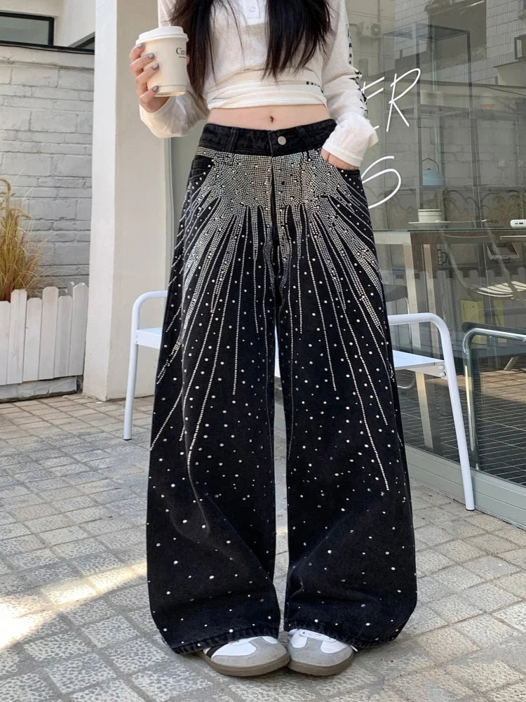 2025/2026 Ropa Y2K Style Baggy Hot Fix Rhinestone Baggy Stacked Jeans Pants For Women Clothing Wide Leg Luxury Gothic Lady Trousers