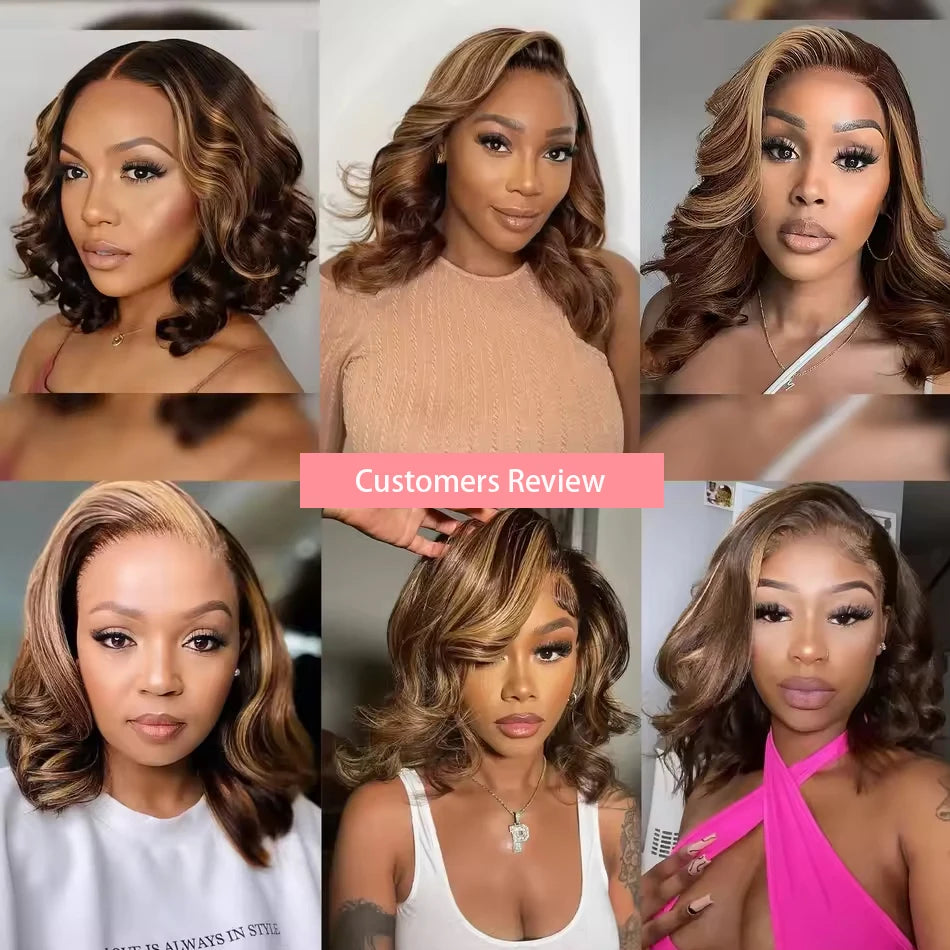 Short Body Wave Bob Wig Highlight Brown 13x4 Transparent Lace Frontal Wigs Mix Ombre Blonde 4/27 Color Brazilian 100% Human Hair
