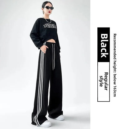 Black Striped Sports Pants Women's Spring Autumn Wide Leg Casual Loose High Waist Straight Leg Sweatpants