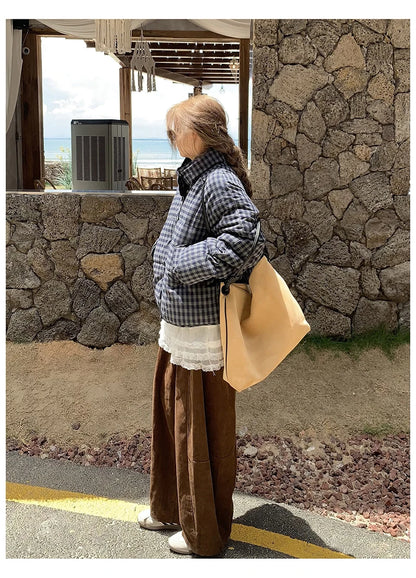 MEXZT Short Plaid Parkas Women Streetwear Stand Collar Puffer Jacket Winter Korean Down Coats Fashion Cotton Padded Outerwears