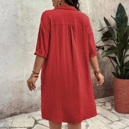 New Women'S Fashion Casual Solid Color Buttoned Mid-Length Short Sleeve Loose Dress Vestidos Para Mujer Ropa De Mujer 신상원피스