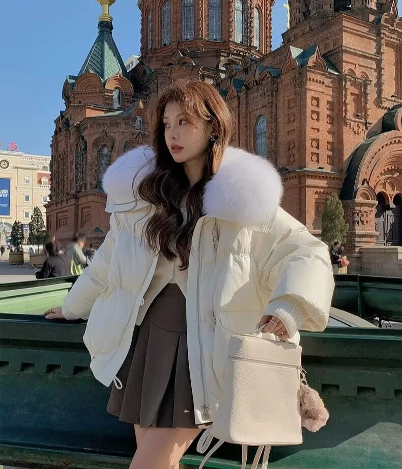 2025 Down Cotton Short Padded Jacket Women Parkas Fur Collar Autumn Winter Thick Coats Female Black Casual Outerwear Clothes