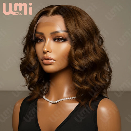 Umi 13x4 HD loose short Bob Wig Transparent Lace Frontal wig 220% Density body wave 100% Human Hair 8-16 Inch chocolate brown #4