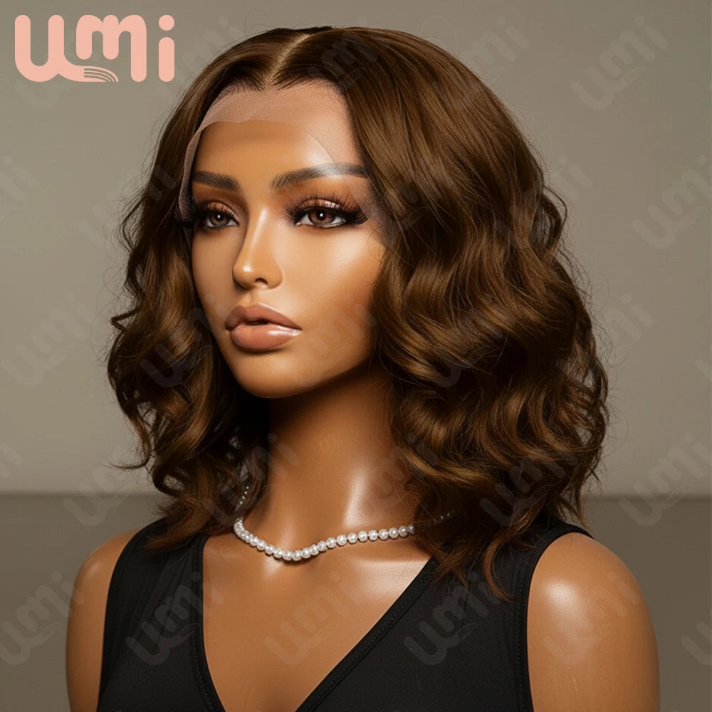 Umi 13x4 HD loose short Bob Wig Transparent Lace Frontal wig 220% Density body wave 100% Human Hair 8-16 Inch chocolate brown #4