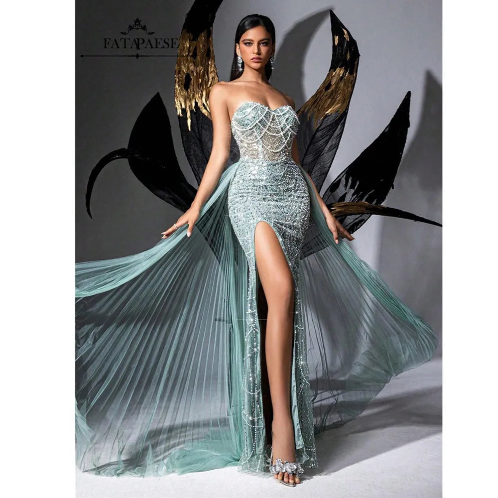 FATAPAESE Glamour Sequin Pearls Luxury Evening Dresses Sexy Tulle Train Party Dress for Wedding Charity Prom Award Ceremony