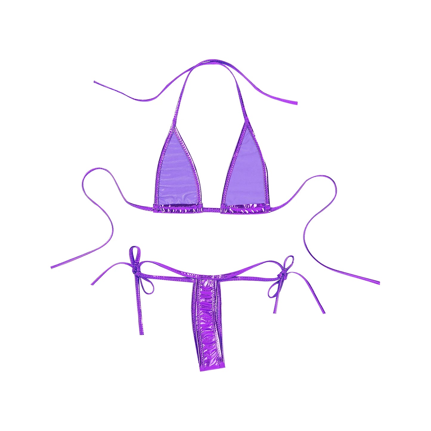 Womens Brazilian Micro Bikini Swimsuit Biquini Set Lacing Non-Padded Triangle Cup Bra Top with G-String Metallic Shiny Swimwear