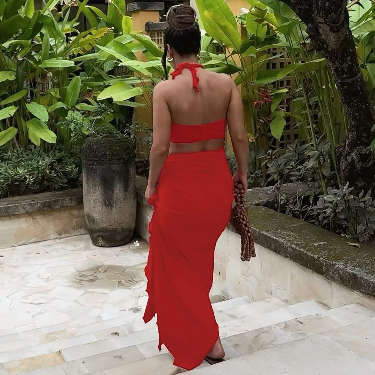 Women's Elegant Two Pieces Dresses Suits Flower Corset Top and High Slit Long Skirts Matching Sets Red Pink Vacation Outfit 2025 & 2026