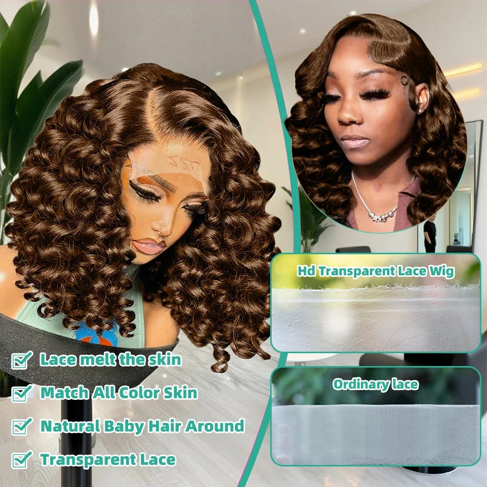 Chocolate Brown Short Bob Lace Front Loose Deep Wave 13x6 13x4 HD Lace Frontal Wigs Highlight Human Hair Colored Water Curly Wig