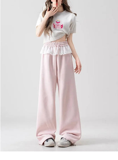 Pink Lace Splicing Design Wide Leg Pants Women's Loose Casual Sweatpants Spring New Style Slimming Effect Comfortable Fit
