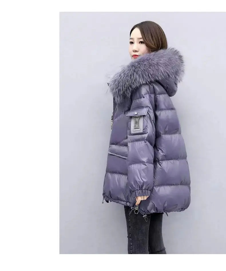 2025 Winter New Warm Down Cotton Jacket With Large Fur collar Hooded Coat Loose Women Thicken Parker Puffer Overcoat Casual wear