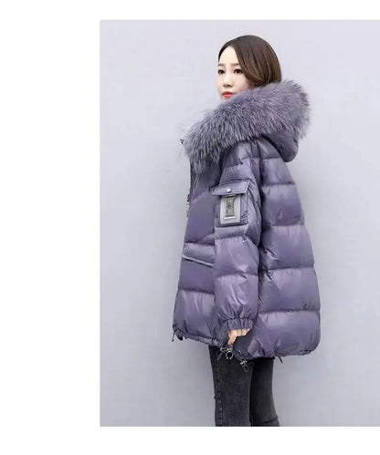 2025 Winter New Warm Down Cotton Jacket With Large Fur collar Hooded Coat Loose Women Thicken Parker Puffer Overcoat Casual wear