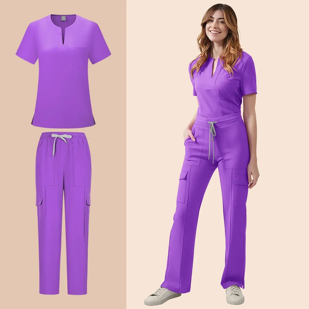 Medical Scrubs Uniform Women Nurse Scrub Set Pocket Top+Pants 2 Piece Suit Nursing Operating Room Clothes Beauty Salon Work Wear