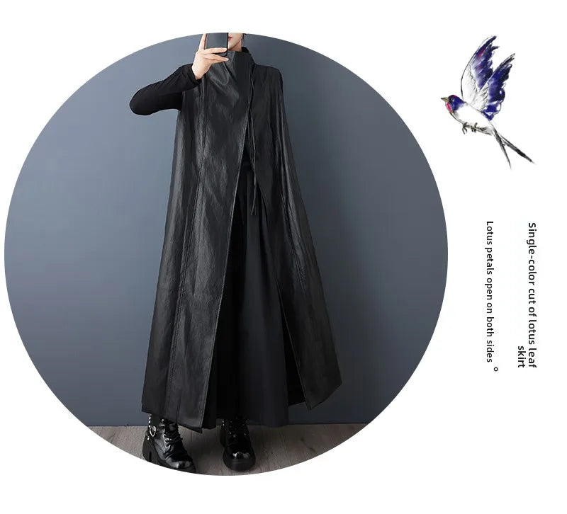 Casual Loose PU Leather Jaet Long Stand Collar Windbreaker Outerwear Faionable Design Sense Asymmetrical High-End Feeling