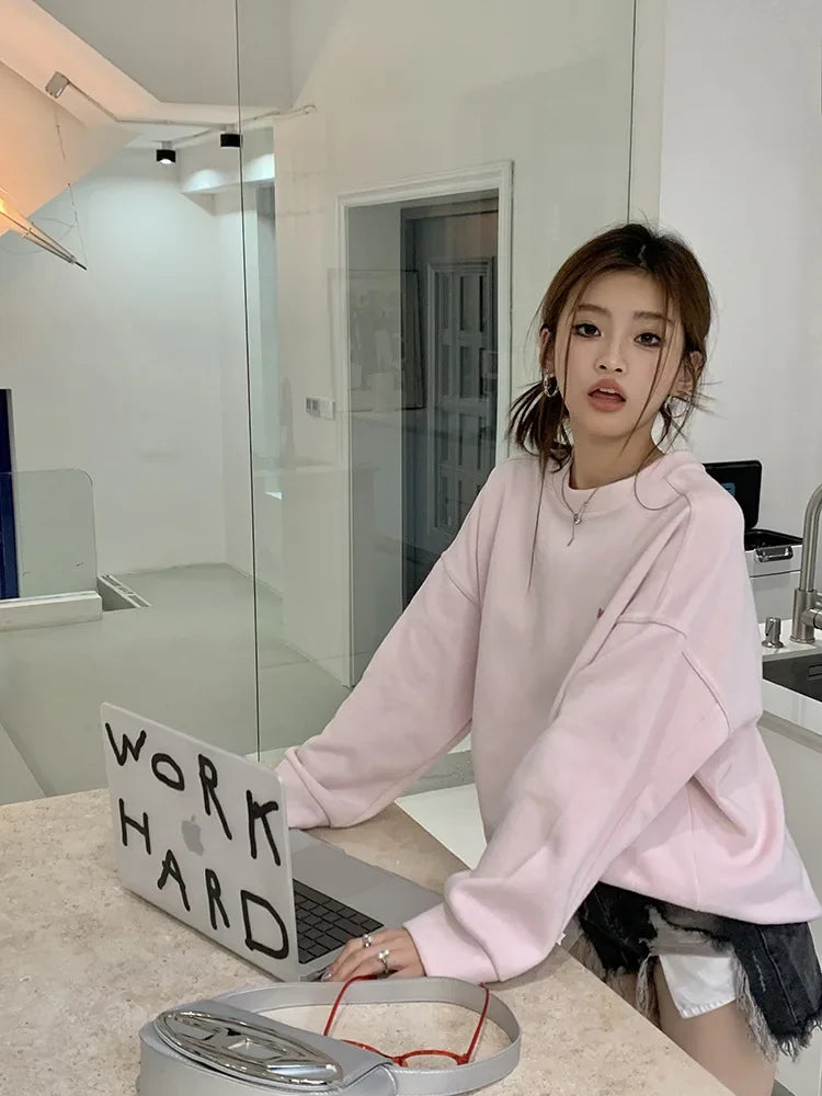 Light Pink Lettered Oversized Shoulder Sweatshirt Women's Full Sleeve round Neck Spring Autumn New Style Comfortable Casual Top