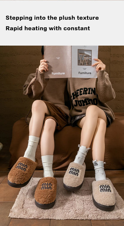 New plush cotton slippers for women, autumn and winter indoor thick sole with plush anti slip slippers, thickened cotton slipper