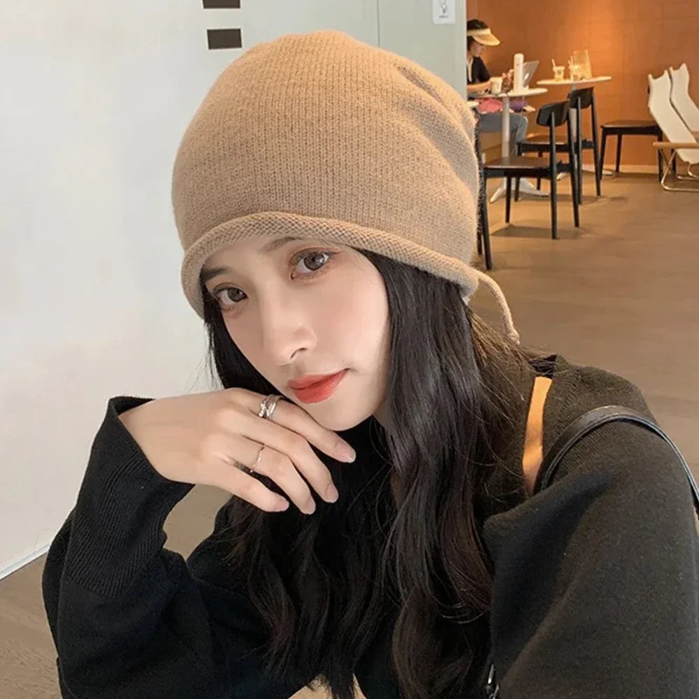 Fashion Drawstring Baggy Slouchy Beanie For Women Autumn Winter Ear Warm Skullies Cap Solid Color Bonnet Girl Kintted Woolen Hat