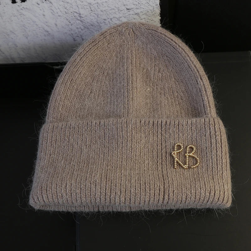 Letter Fluffy Angora Fur Beanies Winter Hat for Woman Luxury Fluffy Knited Hat Bonnet Lady Autumn Winter Warm Skullies Cap