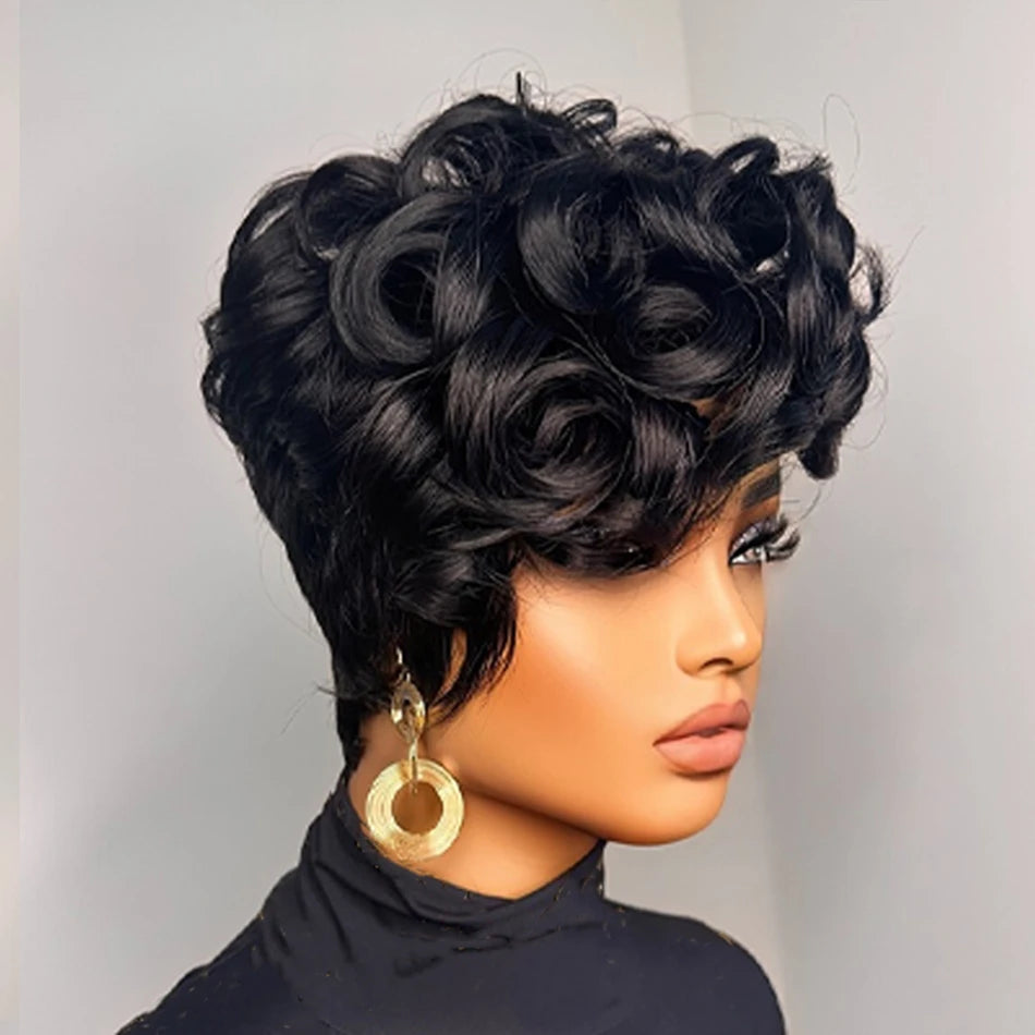 1B# Pixie Cut Human Hair Wig for Women 6" Layered Short Loose Curly with Bangs 180% Density Remy Brazilian Hair Machine Made Cap