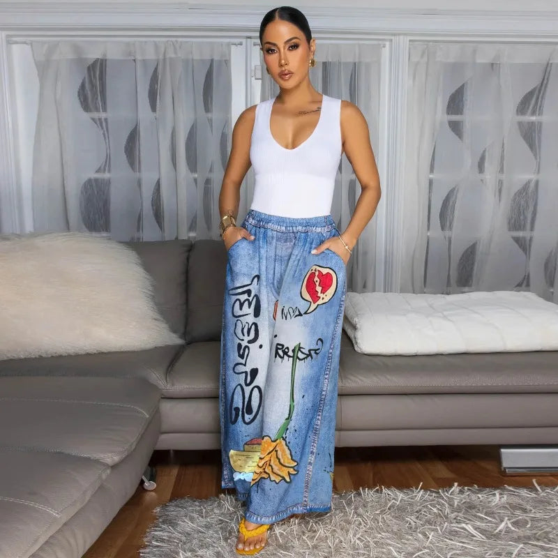 KEXU Women's Tie Dye Printed Wide Leg Casual Loose Long Pants Streetwear