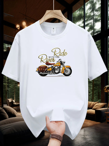 Men's Summer 100 Cotton Fashionable Casual Loose Large Size Classic Motorcycle Pattern Printed Round Neck Short Sleeve T-shirt