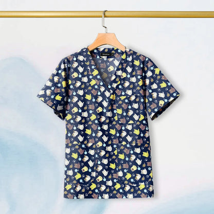 Hot Sales V-Neck Printed Scrub Tops for Women Men Nurse Uniform 100% Cotton Breathable Scrubs Uniforms Medical Blouses Wholesale