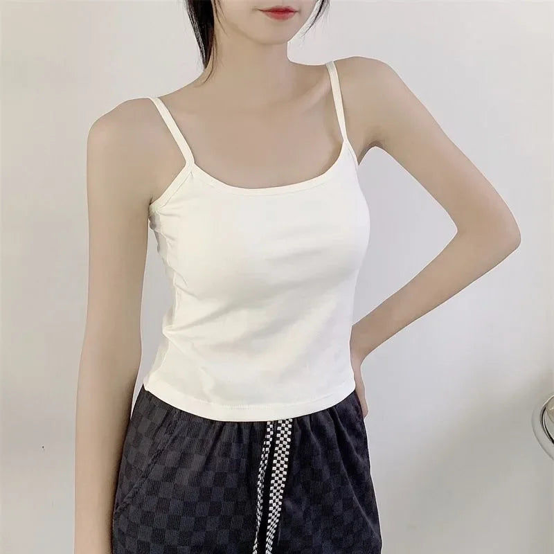 Women's Solid Color Spaghetti Straps Sleeveless Slim Camisole with Chest Pad Cotton Summer Wear Outside Female Short Tops Vests