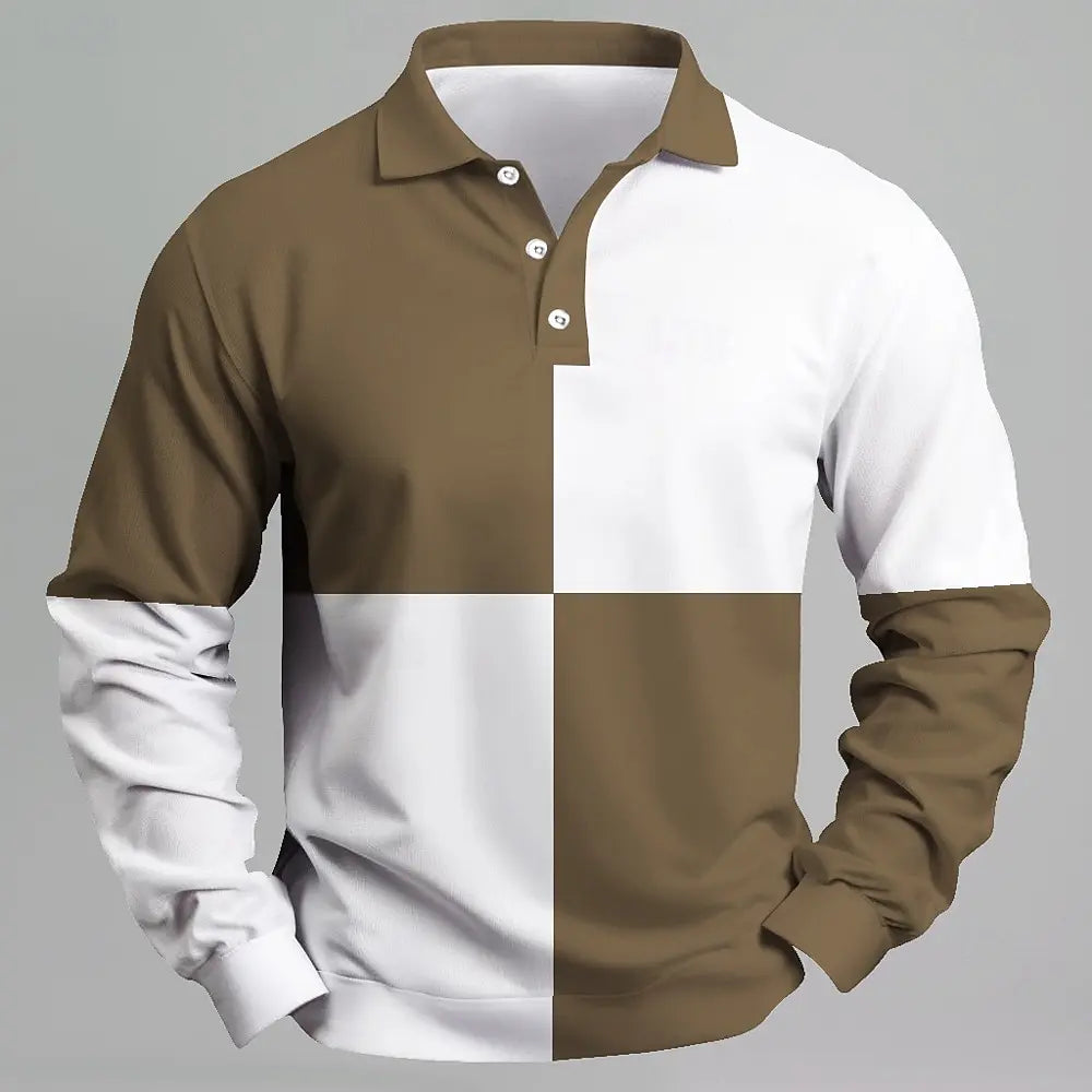Men's Plaid Splicing Long Sleeve Polo Shirt Lapel Sports Leisure Outdoor Office Daily Wear Button Spring Autumn Winter