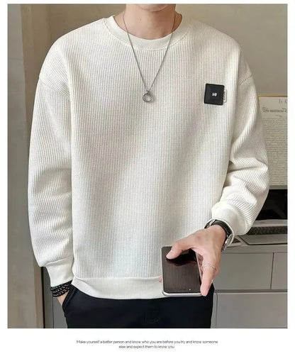 Loose round Neck Texture Pattern Men's Hoodie Solid Color Casual Autumn Wear Comfortable Breathable Street Style Sweatshirt