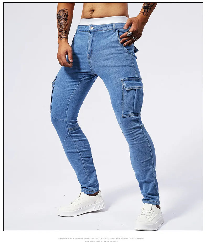 Street Elastic Jeans Men Denim Cargo Pants Wash Solid Color Multi Pockets Casual Mid Waist Trousers Slim Fit Daily Wear Joggers