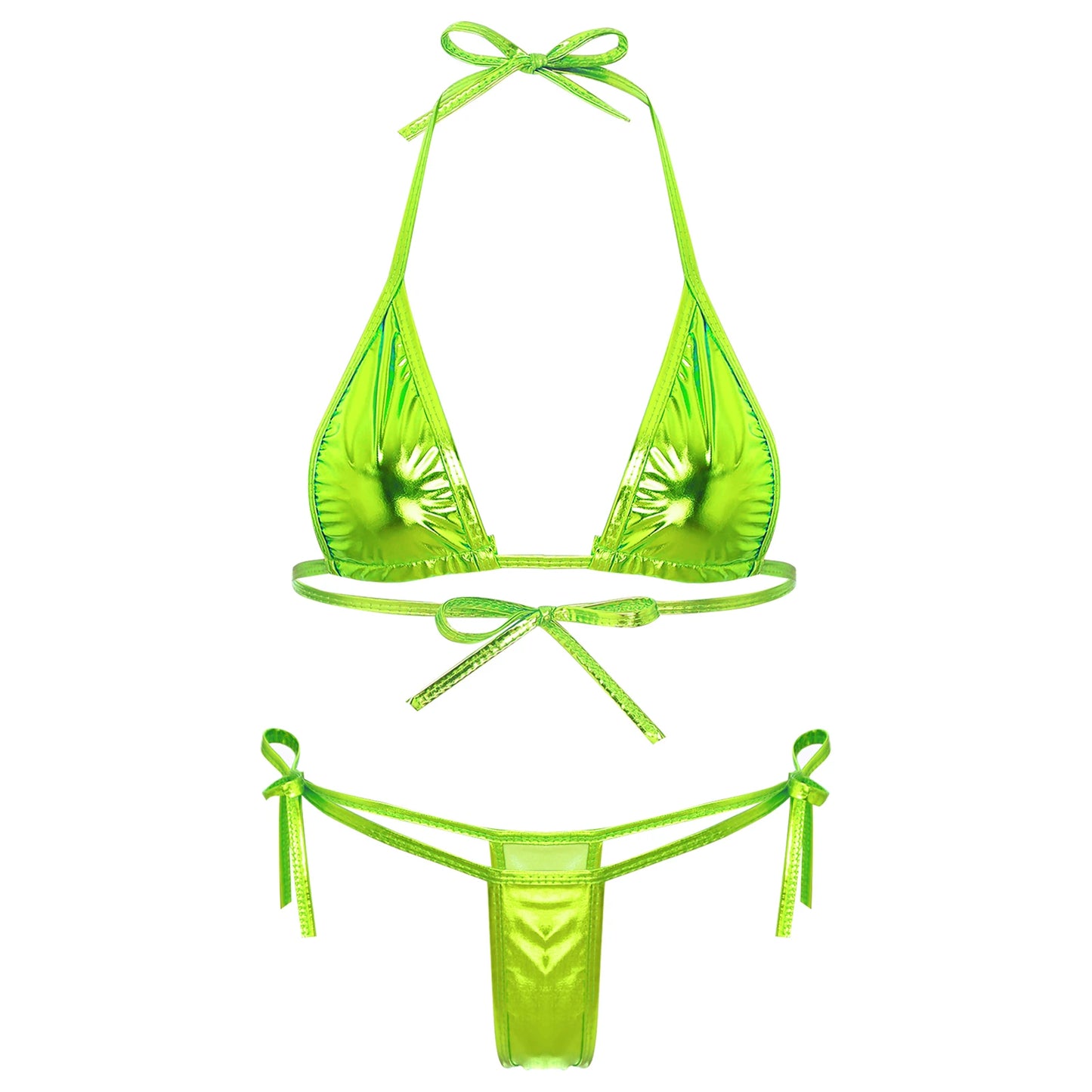 Womens Brazilian Micro Bikini Swimsuit Biquini Set Lacing Non-Padded Triangle Cup Bra Top with G-String Metallic Shiny Swimwear