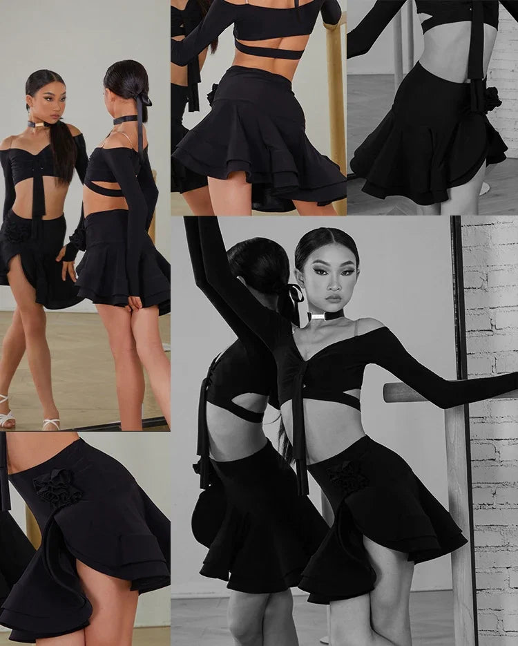 Latin Dance set Clothes Girls Long SLeeves Short Top Skirt Cha cha samba Performance Competition Dress Burgundy Black Dress Kids