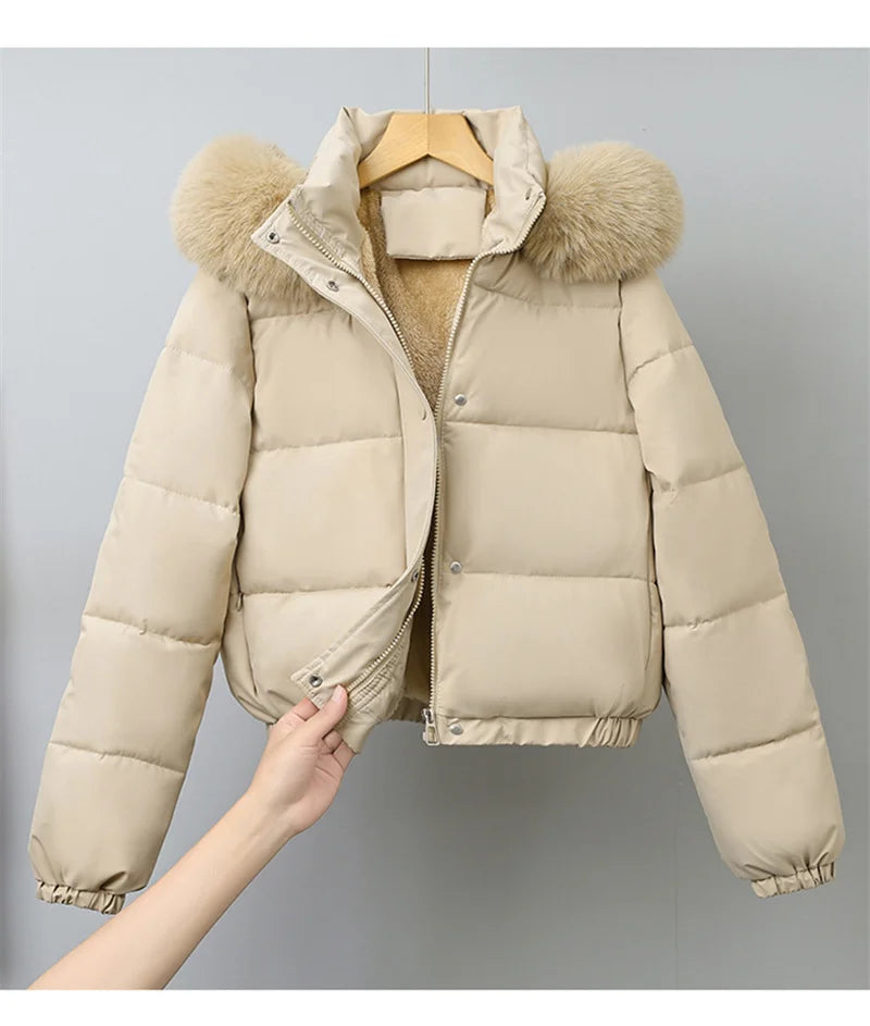 Winter Short Parkas Women's Cotton-padded Clothes Add Velvet Thicken Outerwear Fur Collar Removable Hooded Coats Warm Jackets