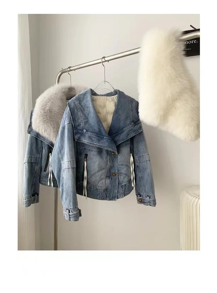 Womens Coats Spring New 100%Natural Real Fox Fur Collar Fashion Short Denim Jacket Luxury Goose Down Puffer Jackets Clothing