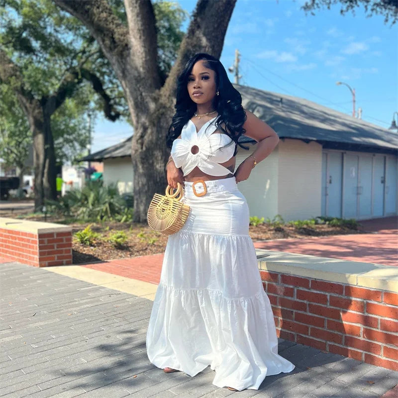 Sexy Party Club 2 Piece Sets Women Outfit Summer Dress Flower Crop Top and Long Skirt Set Elegant Vacation Festival Outfits