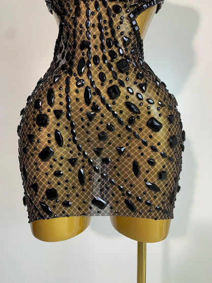 Sexy Sparkly Diamond Backless Short Dress 2025 Women Sleeveless Mesh See Through Evening Birthday Gown Singer Stage Outfit