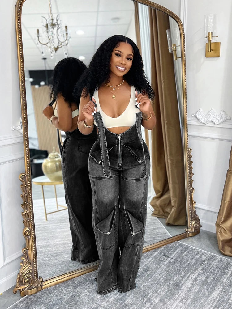 Summer Fashion Loose High Waisted Zip Denim Overalls Women Clothes Multi Pockets Cargo Jeans Trousers Casual Wide Leg Jumpsuits