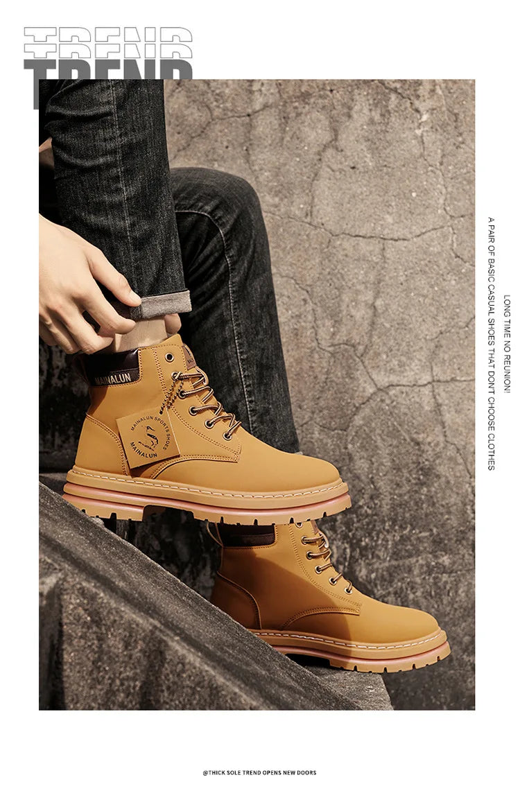 Classic Men High Top Boots High Quality Yellow Leather Boots Fashion Outdoor Sneakers Men Lace Up Non-Slip Ankle Boots for Men